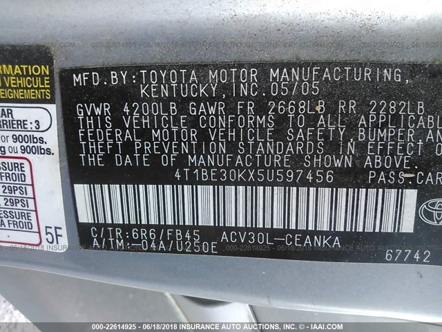 4T1BE30KX5U597456 - 2005 TOYOTA CAMRY LE/XLE/SE Yaşıl foto 9