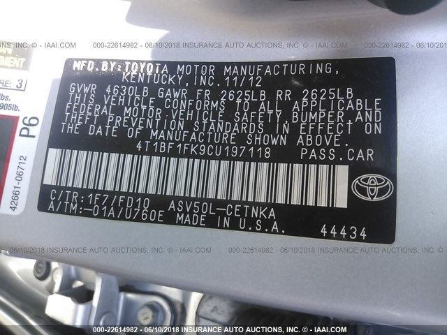 4T1BF1FK9CU197118 - 2012 TOYOTA CAMRY SE/LE/XLE SILVER photo 9