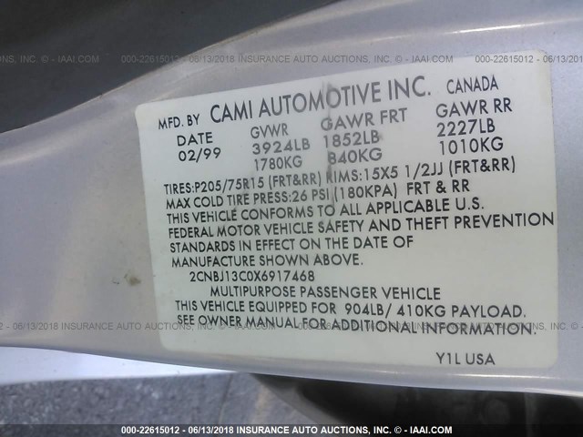 2CNBJ13C0X6917468 - 1999 CHEVROLET TRACKER SILVER photo 9