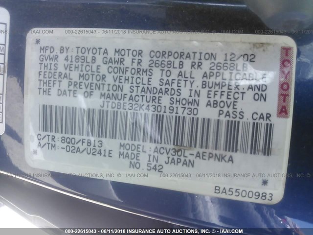 JTDBE32K430191730 - 2003 TOYOTA CAMRY LE/XLE Blau Foto 9