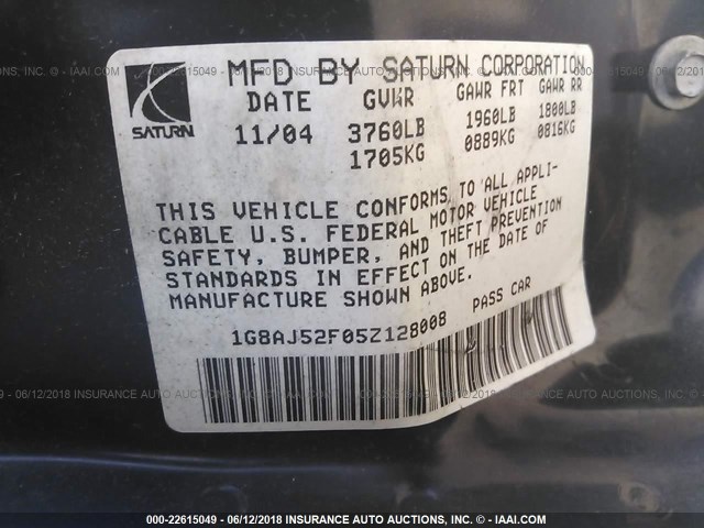 1G8AJ52F05Z128008 - 2005 SATURN ION LEVEL 2 Qəhvəyi foto 9
