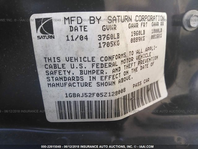 1G8AJ52F05Z128008 - 2005 SATURN ION LEVEL 2 TAN photo 9