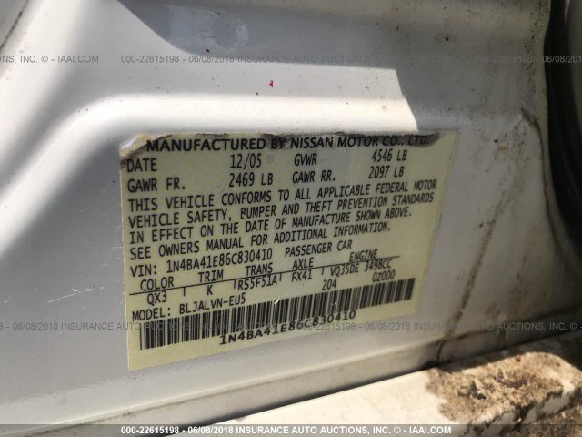 1N4BA41E86C830410 - 2006 NISSAN MAXIMA SE/SL WHITE photo 9