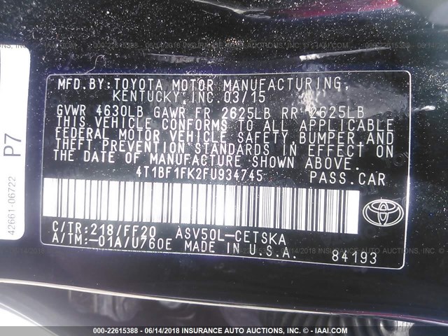 4T1BF1FK2FU934745 - 2015 TOYOTA CAMRY LE/XLE/SE/XSE Dark Blue photo 9