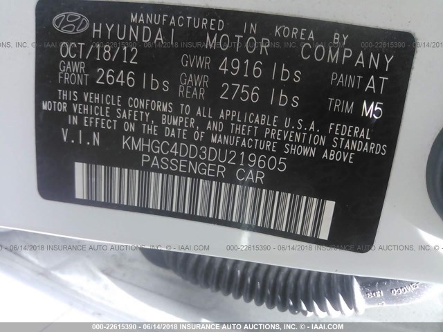 KMHGC4DD3DU219605 - 2013 HYUNDAI GENESIS 3.8L WHITE photo 9