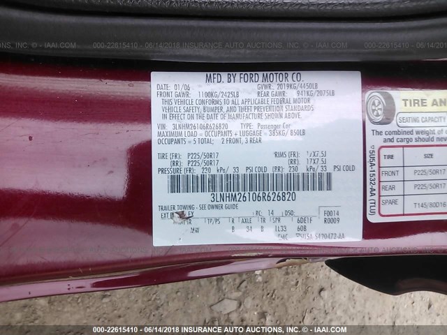 3LNHM26106R626820 - 2006 LINCOLN ZEPHYR MAROON photo 9