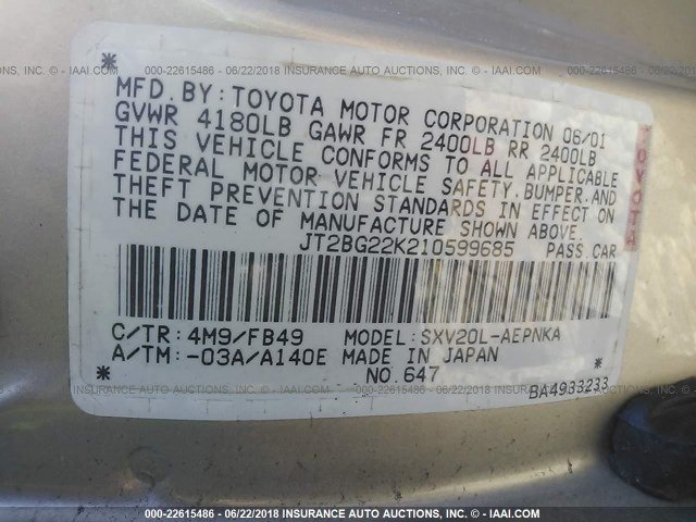 JT2BG22K210599685 - 2001 TOYOTA CAMRY CE/LE/XLE GOLD photo 9
