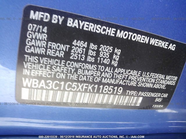 WBA3C1C5XFK118519 - 2015 BMW 328 I SULEV BLUE photo 9