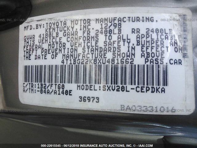 4T1BG22K8XU481662 - 1999 TOYOTA CAMRY CE/LE/XLE 金色 照片 9