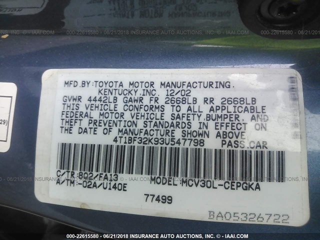 4T1BF32K93U547798 - 2003 TOYOTA CAMRY LE/XLE/SE 浅蓝色 照片 9