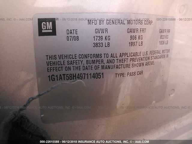 1G1AT58H497114051 - 2009 CHEVROLET COBALT LT TAN photo 9