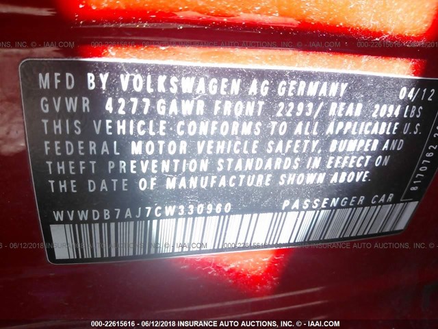 WVWDB7AJ7CW330960 - 2012 VOLKSWAGEN GOLF RED photo 9