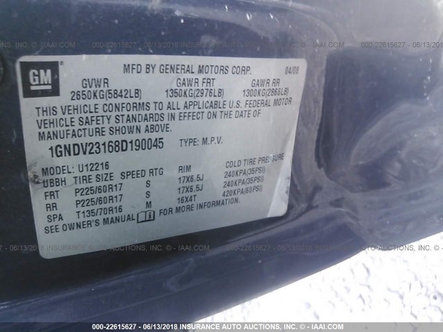 1GNDV23168D190045 - 2008 CHEVROLET UPLANDER LS BLUE photo 9
