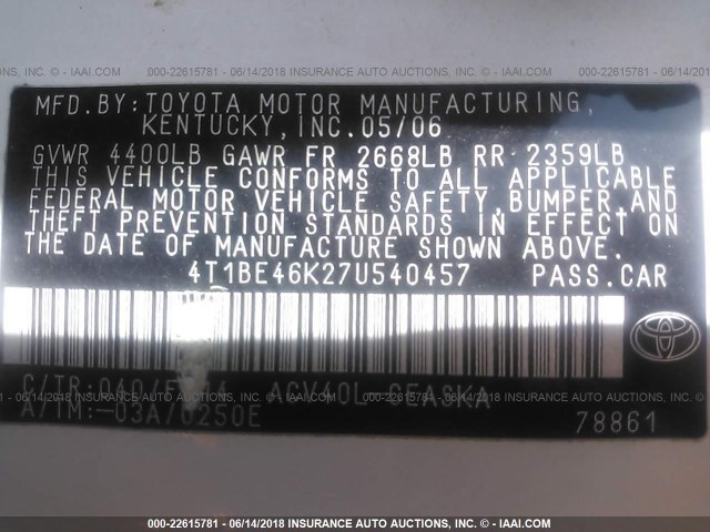 4T1BE46K27U540457 - 2007 TOYOTA CAMRY NEW GENERAT CE/LE/XLE/SE WHITE photo 9