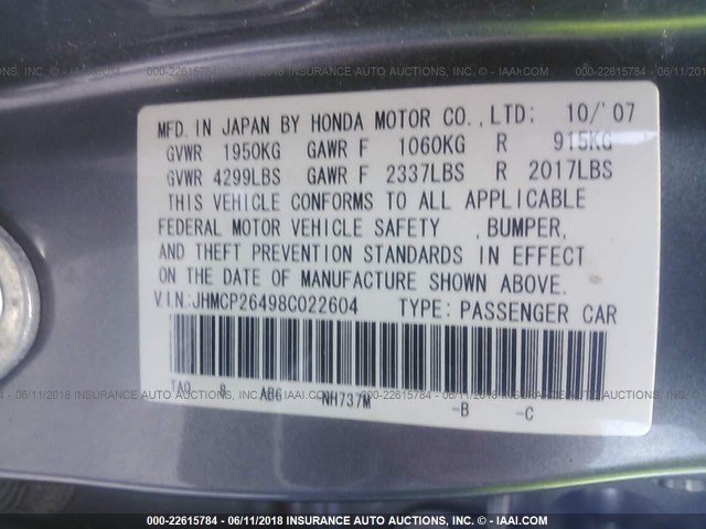 JHMCP26498C022604 - 2008 HONDA ACCORD LXP GRAY photo 9