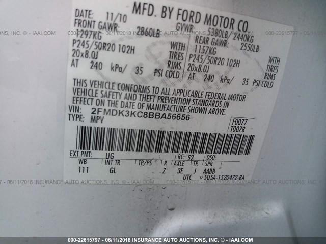 2FMDK3KC8BBA56656 - 2011 FORD EDGE LIMITED WHITE photo 9