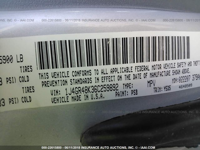 1J4GR48K36C259892 - 2006 JEEP GRAND CHEROKEE LAREDO/COLUMBIA/FREEDOM 灰色 照片 9