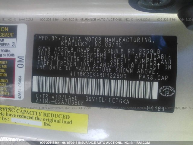 4T1BK3EK4BU122690 - 2011 TOYOTA CAMRY SE/LE/XLE GOLD photo 9