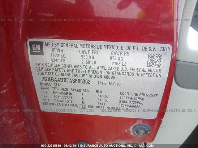 3GNBAADB7AS600362 - 2010 CHEVROLET HHR LS RED photo 9