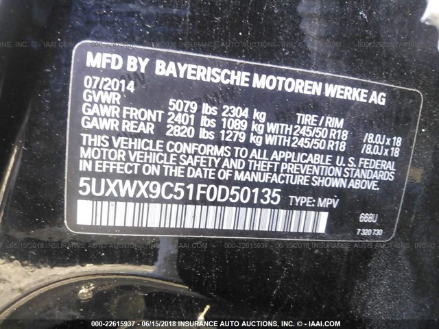 5UXWX9C51F0D50135 - 2015 BMW X3 XDRIVE28I BLACK photo 9