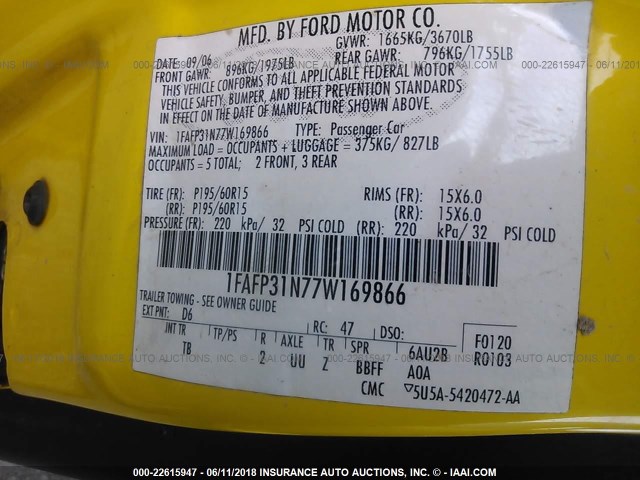 1FAFP31N77W169866 - 2007 FORD FOCUS ZX3/S/SE/SES YELLOW photo 9