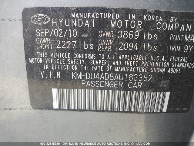 KMHDU4AD8AU183362 - 2010 HYUNDAI ELANTRA BLUE/GLS/SE GRAY photo 9