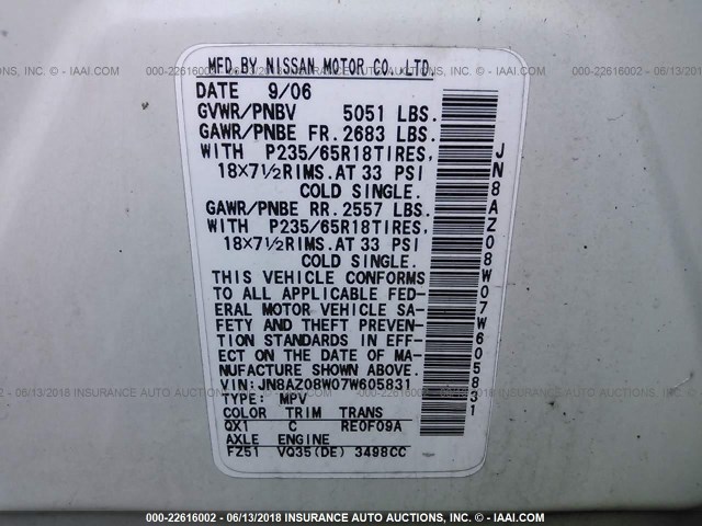 JN8AZ08W07W605831 - 2007 NISSAN MURANO SL/SE/S WHITE photo 9