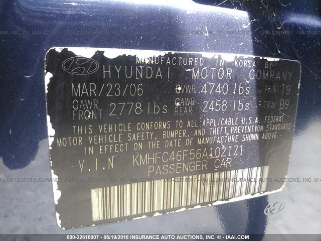 KMHFC46F56A102171 - 2006 HYUNDAI AZERA SE/LIMITED BLUE photo 9