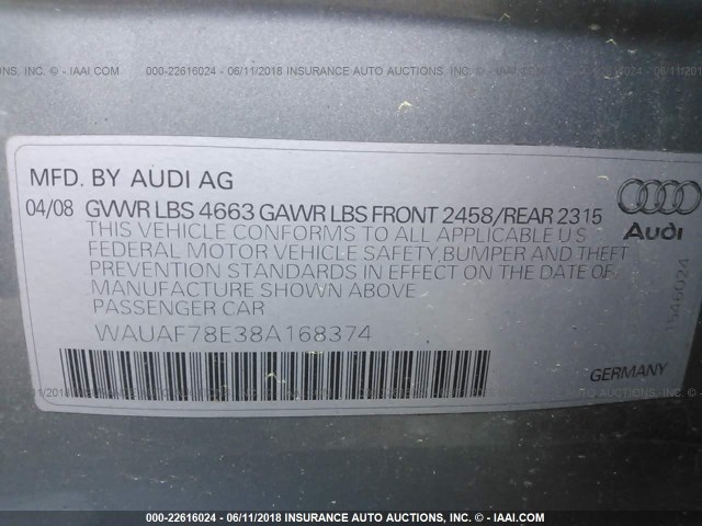 WAUAF78E38A168374 - 2008 AUDI A4 2.0T GRAY photo 9