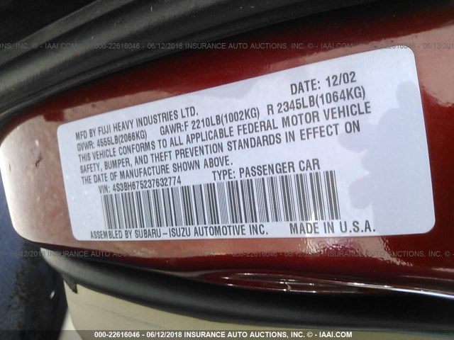 4S3BH675237632774 - 2003 SUBARU LEGACY OUTBACK AWP 勃艮第红 照片 9