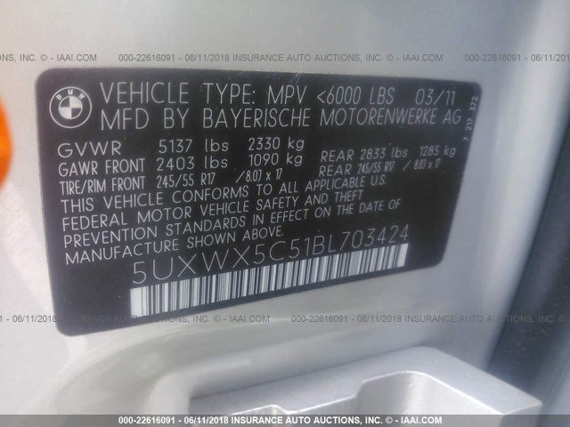 5UXWX5C51BL703424 - 2011 BMW X3 XDRIVE28I SILVER photo 9