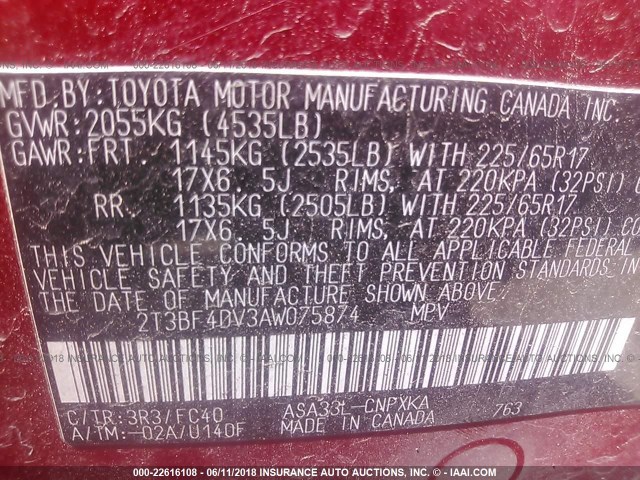 2T3BF4DV3AW075874 - 2010 TOYOTA RAV4 SILVER photo 9