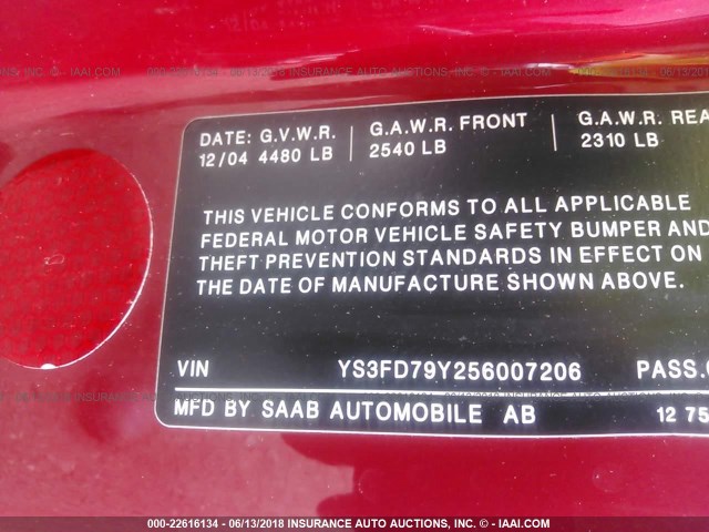 YS3FD79Y256007206 - 2005 SAAB 9-3 ARC RED photo 9