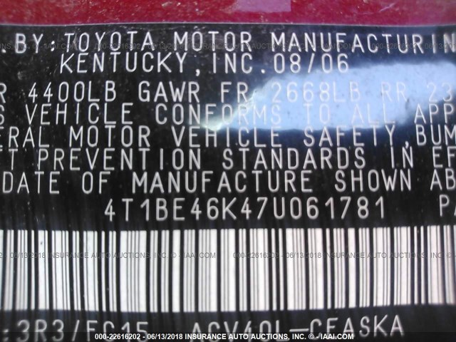 4T1BE46K47U061781 - 2007 TOYOTA CAMRY NEW GENERATION CE/LE/XLE/SE Unknown photo 9