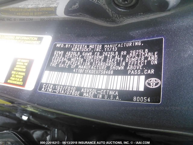 4T1BF1FK0EU758468 - 2014 TOYOTA CAMRY L/SE/LE/XLE 灰色 照片 9