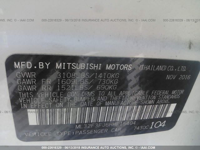 ML32F3FJ6HHF15404 - 2017 MITSUBISHI MIRAGE G4 ES თეთრი ფოტო 9