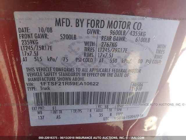 1FTSF21R59EA10622 - 2009 FORD F250 SUPER DUTY RED photo 9