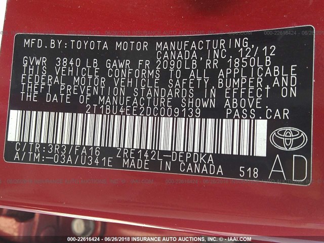 2T1BU4EE2DC009139 - 2013 TOYOTA COROLLA S/LE RED photo 9