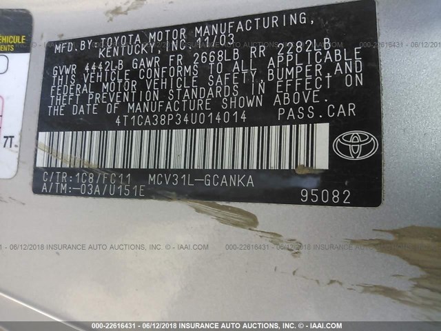 4T1CA38P34U014014 - 2004 TOYOTA CAMRY SOLARA SE/SLE 银色 照片 9