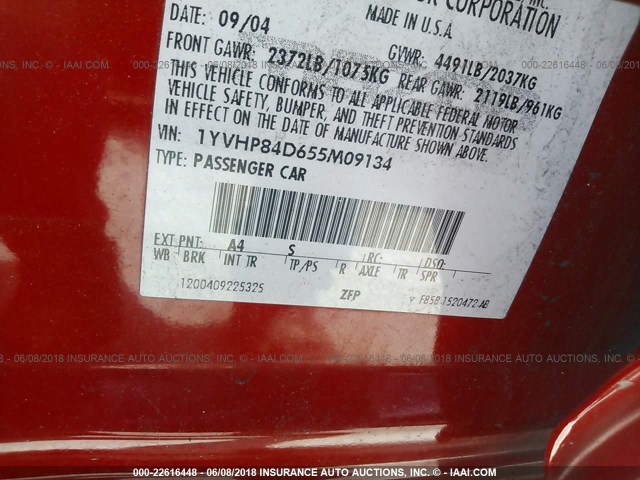 1YVHP84D655M09134 - 2005 MAZDA 6 S Rouge photo 9