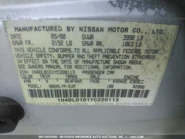 1N4DL01D1YC220113 - 2000 NISSAN ALTIMA XE/GXE/SE/GLE SILVER photo 9