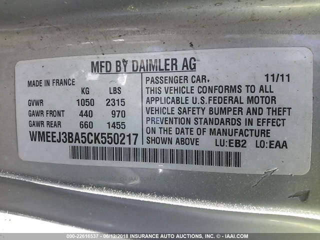 WMEEJ3BA5CK550217 - 2012 SMART FORTWO PURE/PASSION GRAY photo 9