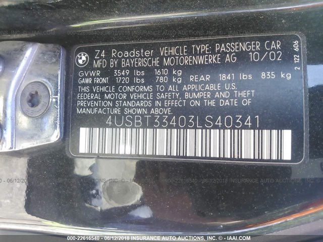 4USBT33403LS40341 - 2003 BMW Z4 2.5 BLACK photo 9
