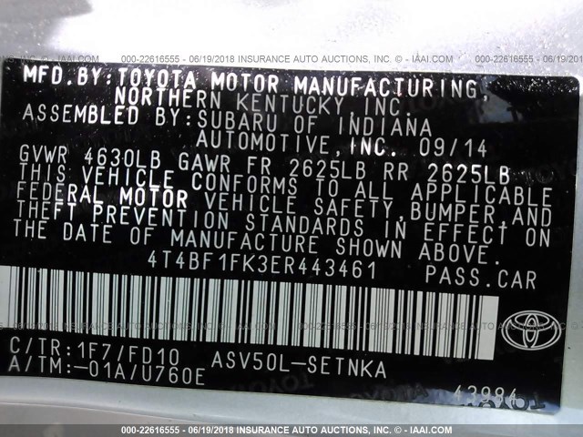 4T4BF1FK3ER443461 - 2014 TOYOTA CAMRY L/SE/LE/XLE SILVER photo 9