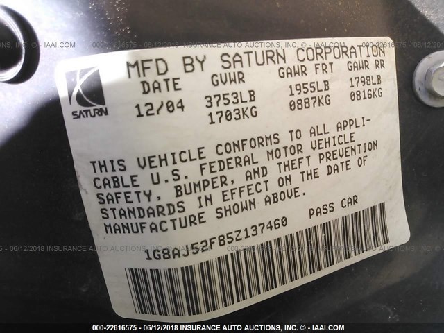 1G8AJ52F85Z137460 - 2005 SATURN ION LEVEL 2 金色 照片 9