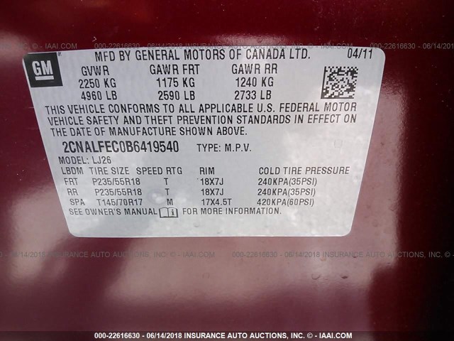 2CNALFEC0B6419540 - 2011 CHEVROLET EQUINOX LTZ RED photo 9