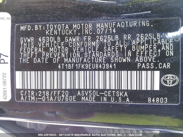 4T1BF1FK9EU843941 - 2014 TOYOTA CAMRY L/SE/LE/XLE შავი ფოტო 9