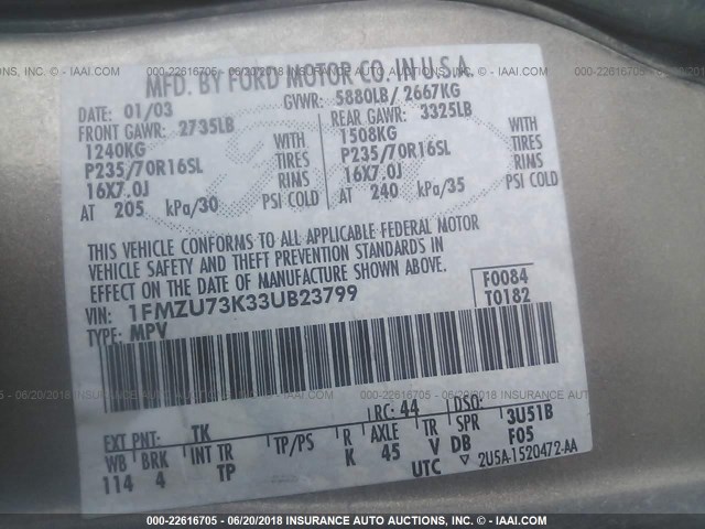 1FMZU73K33UB23799 - 2003 FORD EXPLORER XLT/XLT SPORT/NBX 香槟色 照片 9