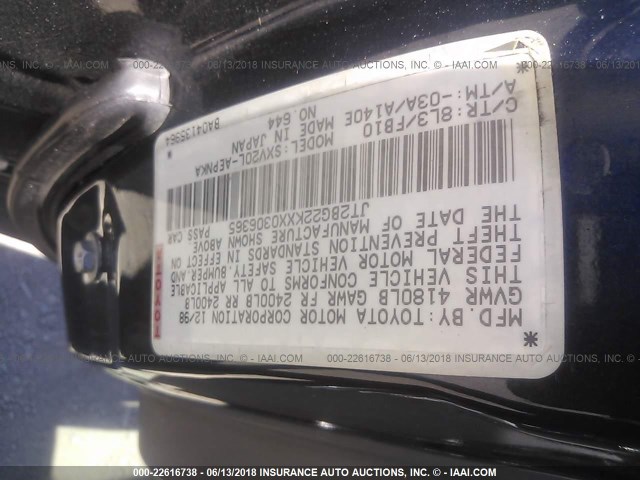 JT2BG22KXX0306365 - 1999 TOYOTA CAMRY LE/XLE BLUE photo 9