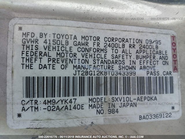 JT2BG12K8T0343399 - 1996 TOYOTA CAMRY DX/LE/XLE GOLD photo 9